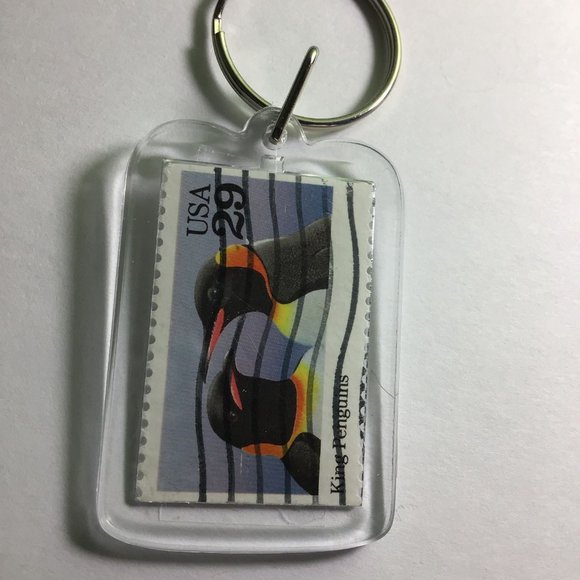 Penguin Keychain - Upcycled Recycled Postage Stamp Key Chain - Picture 2 of 8